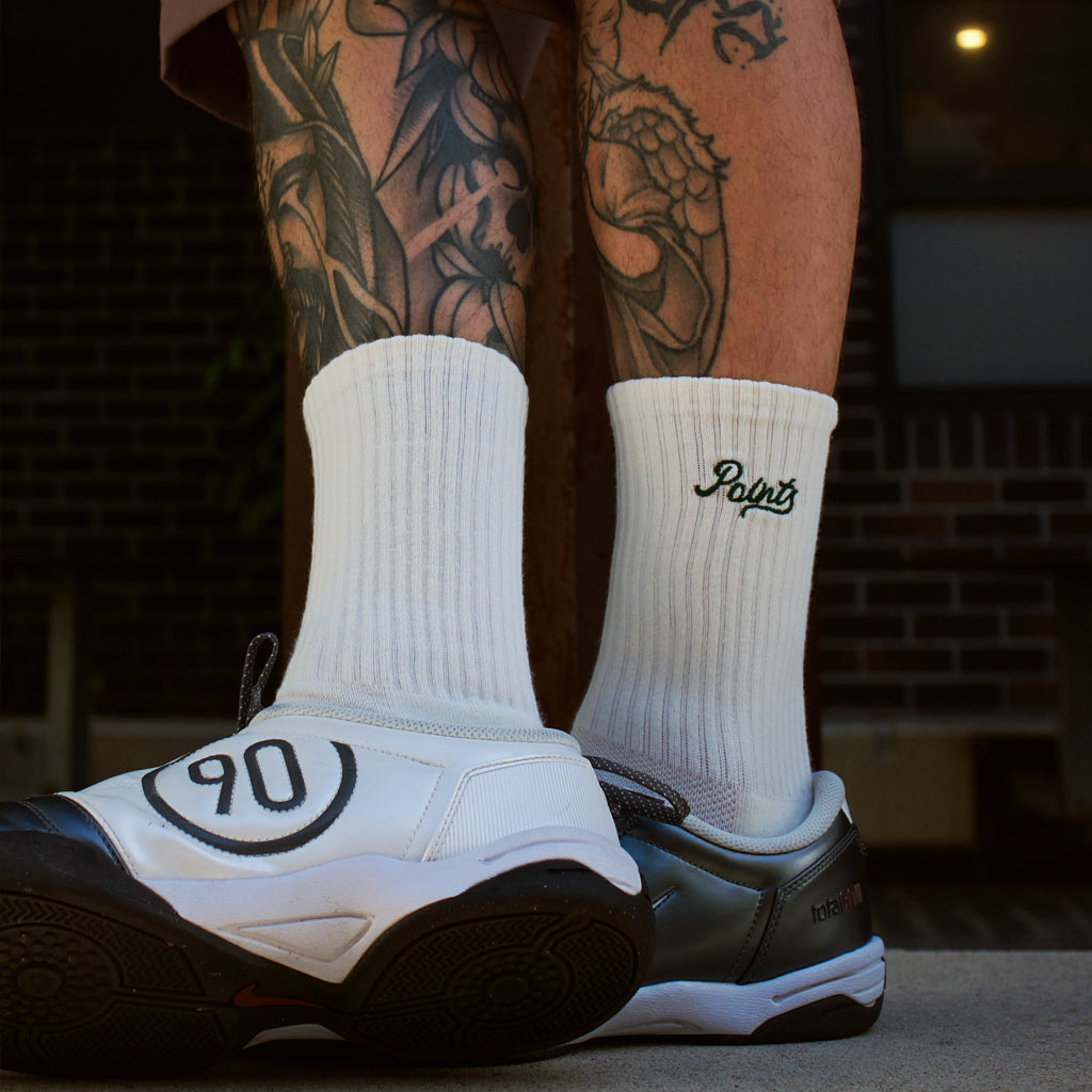 Points Home Run Socks - Off White / Dark Green On Foot 4 | Brisbane Australia