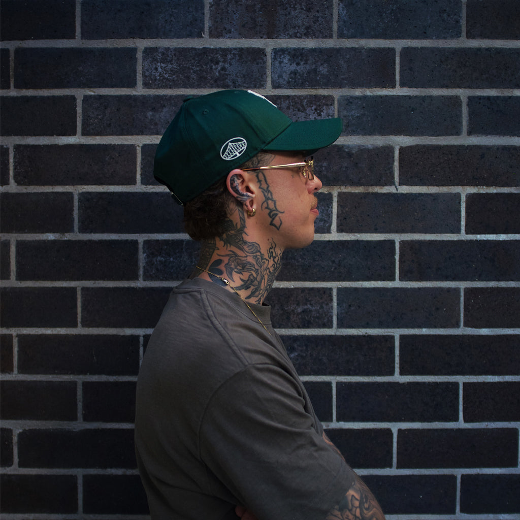 Points Team BNE Baseball Cap - Dark Green / Off White Close Up 2 | Brisbane Australia