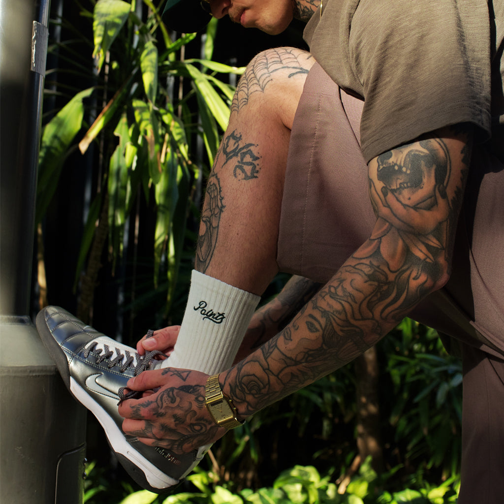 Points Home Run Socks - Off White / Dark Green On Foot 2 | Brisbane Australia